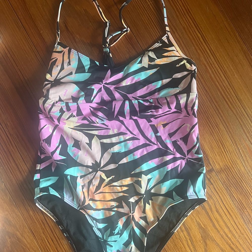 Roxy Purple and Black One-Piece Swimsuit with Palm Leaf Print